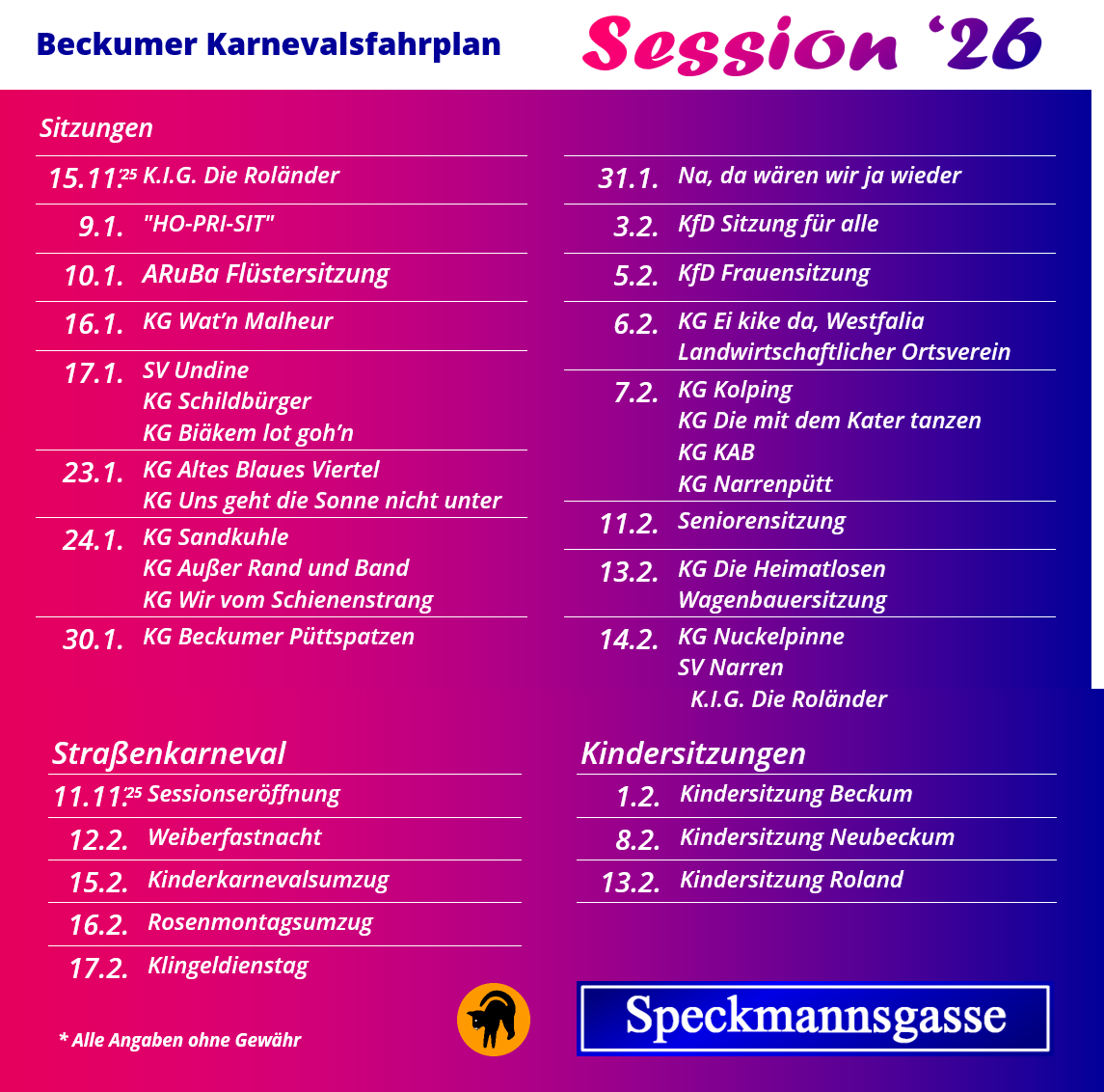 Beckumer Sessionsfahrplan 2026